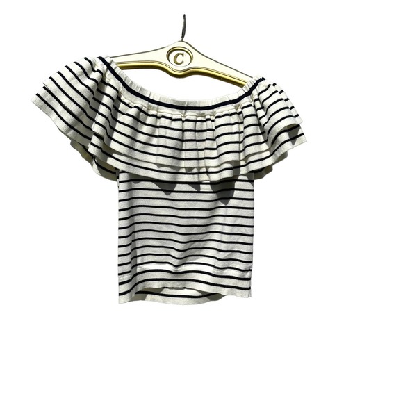 J. Crew - Off the Shoulder Striped Knit Top w/Double Ruffles, White/Black, SizeS - Picture 9 of 12